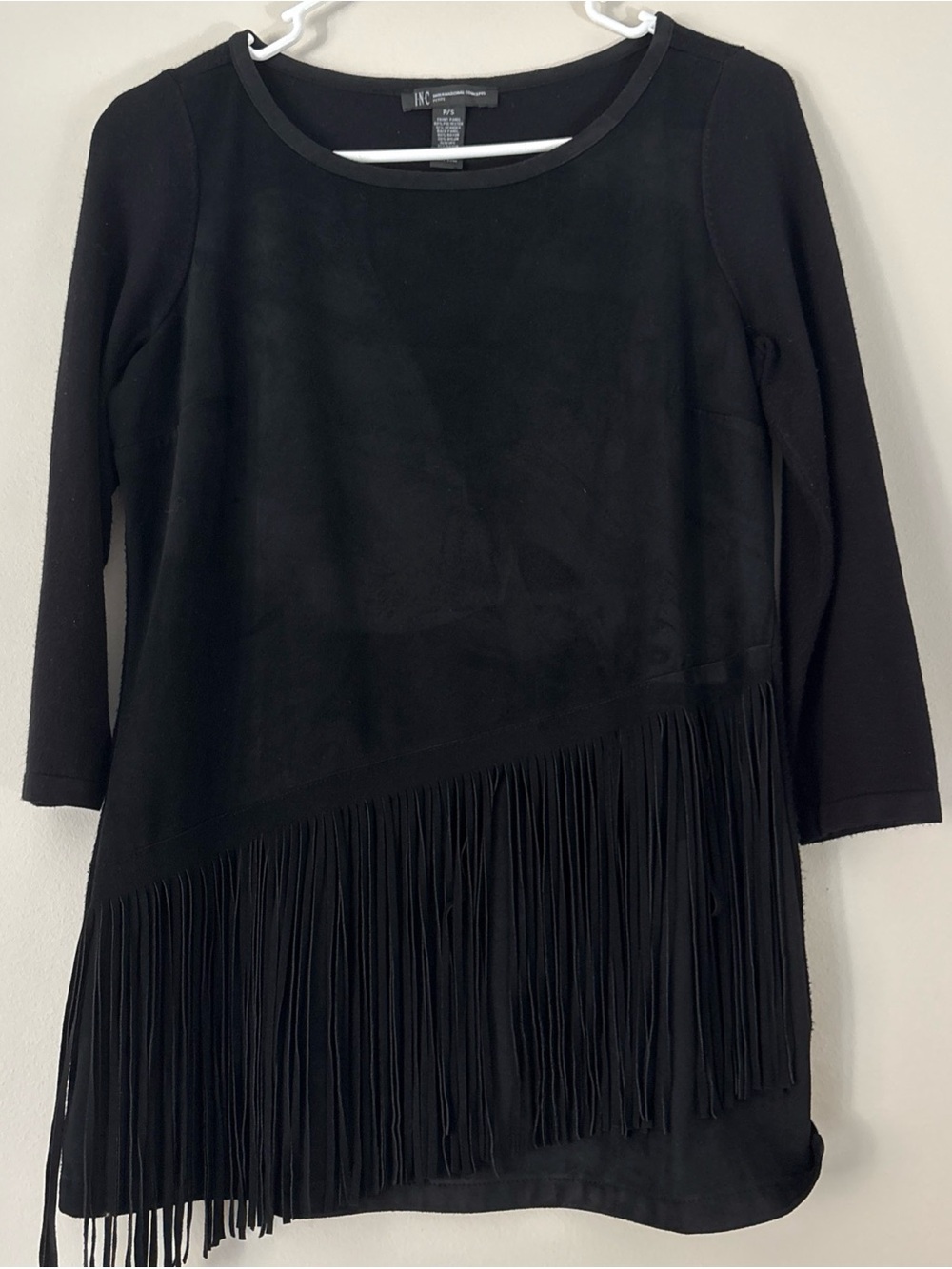 INC International Concepts Black Long Sleeve Fringe Tunic